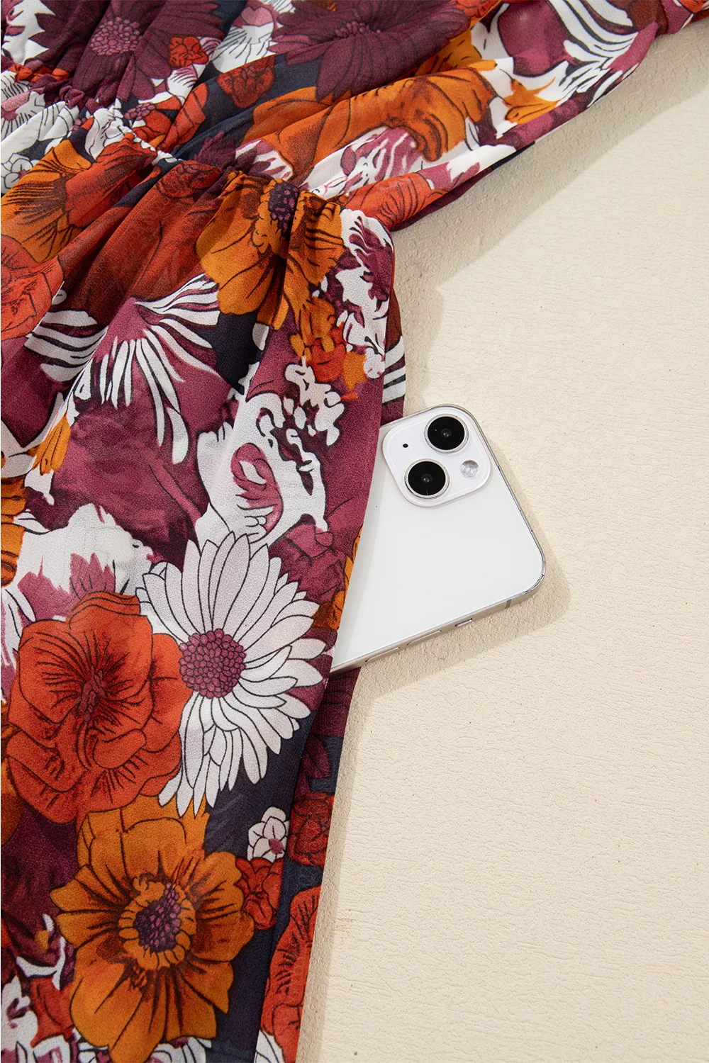 Floral Print Wrap V Neck Puff Sleeve Flowy Mini Dress - Image 11