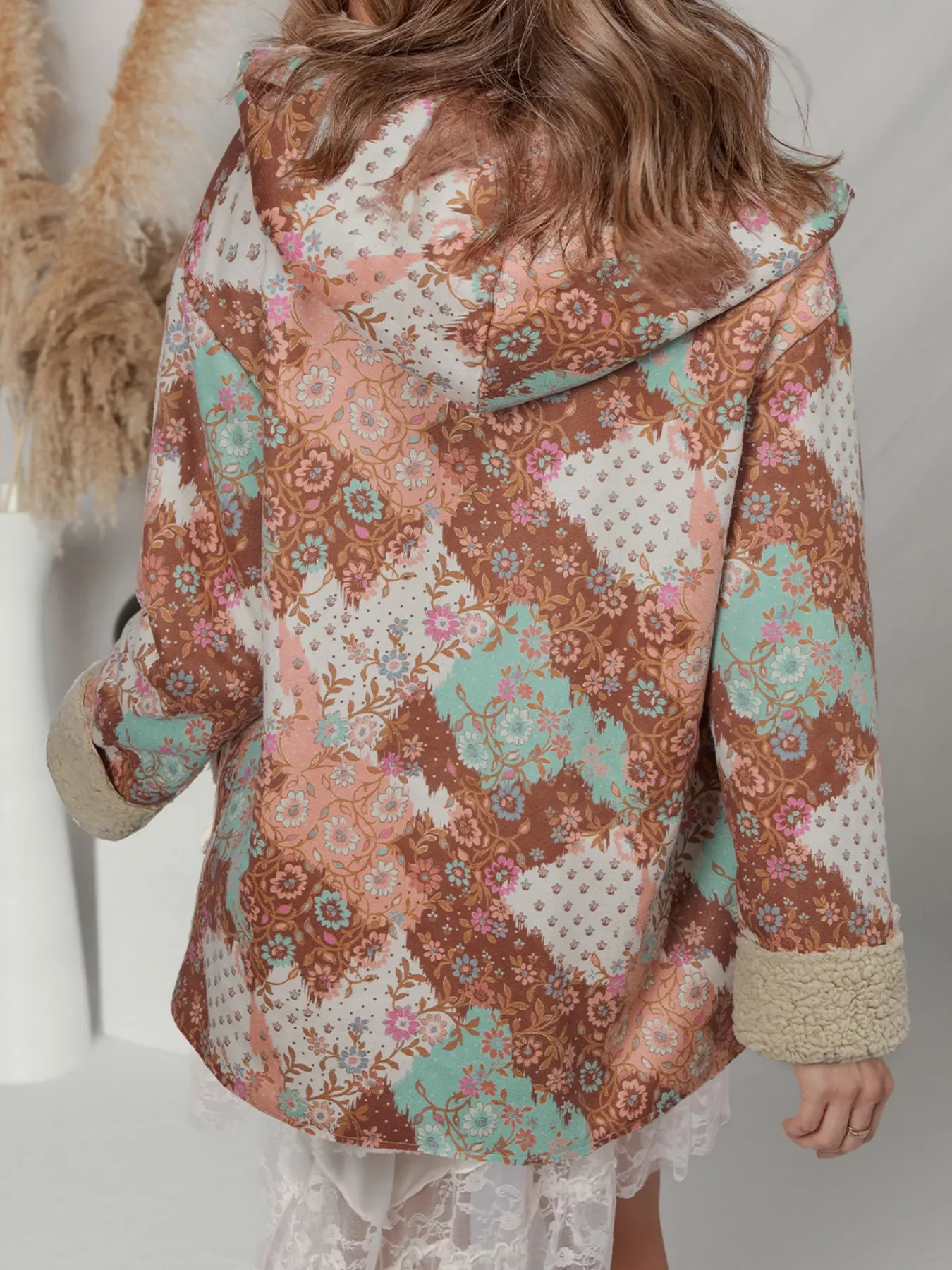Floral Printed Sherpa Lined Hooded Jacket - Image 2