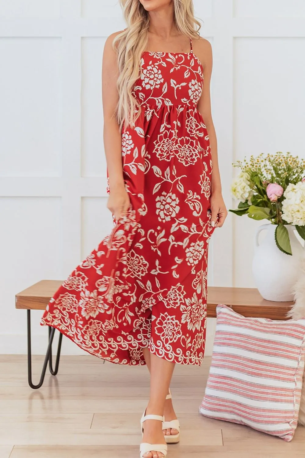Floral Printed Spaghetti Strap Empire Waist Maxi Dress - Image 4