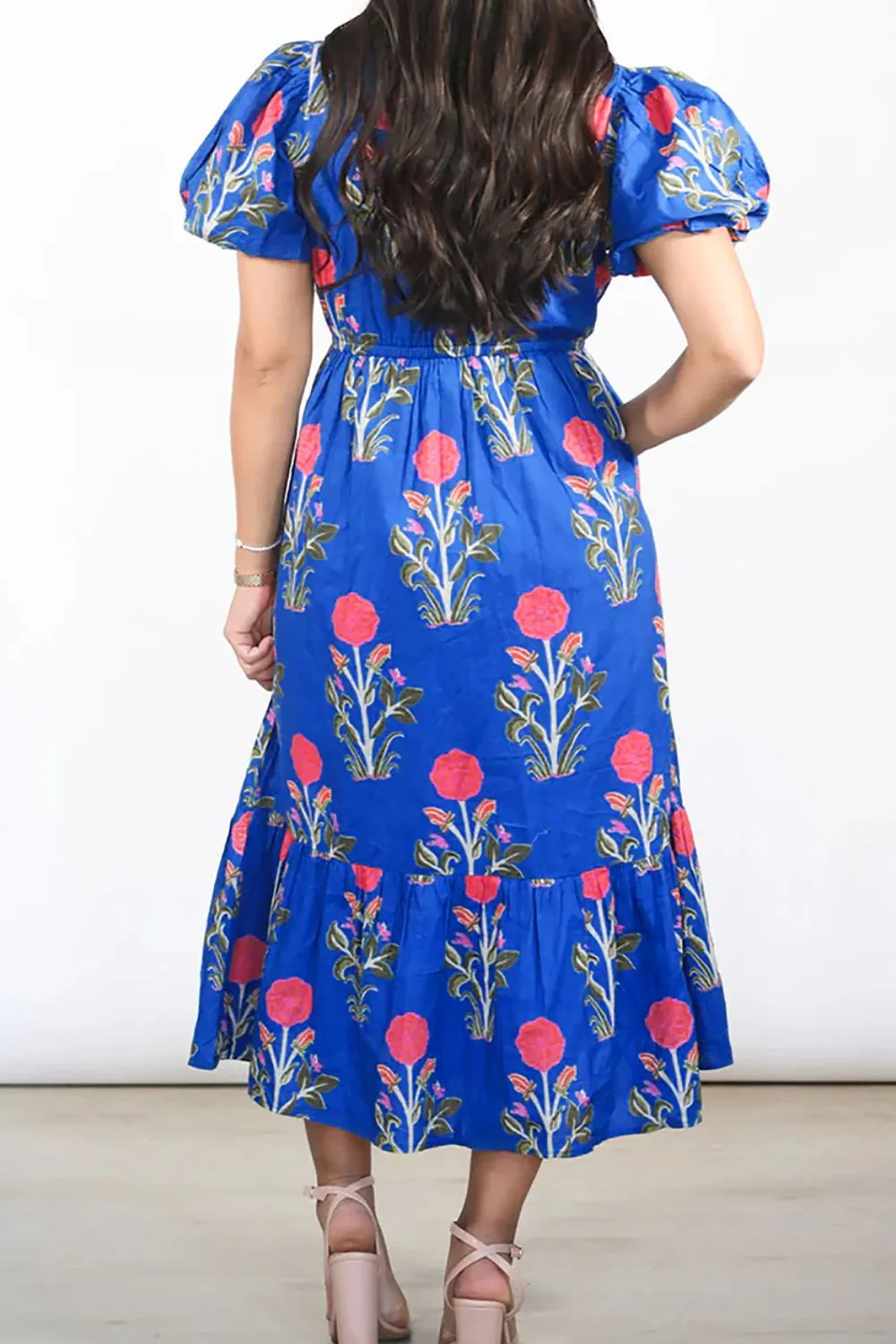 Floral Puff Short Sleeve Notched High Waist Dress - Image 3