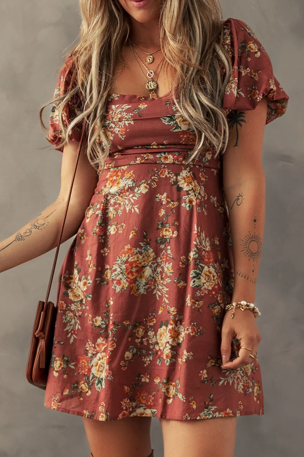 Floral Puff Sleeve Square Neck Knot Open Back Mini Dress - Image 4