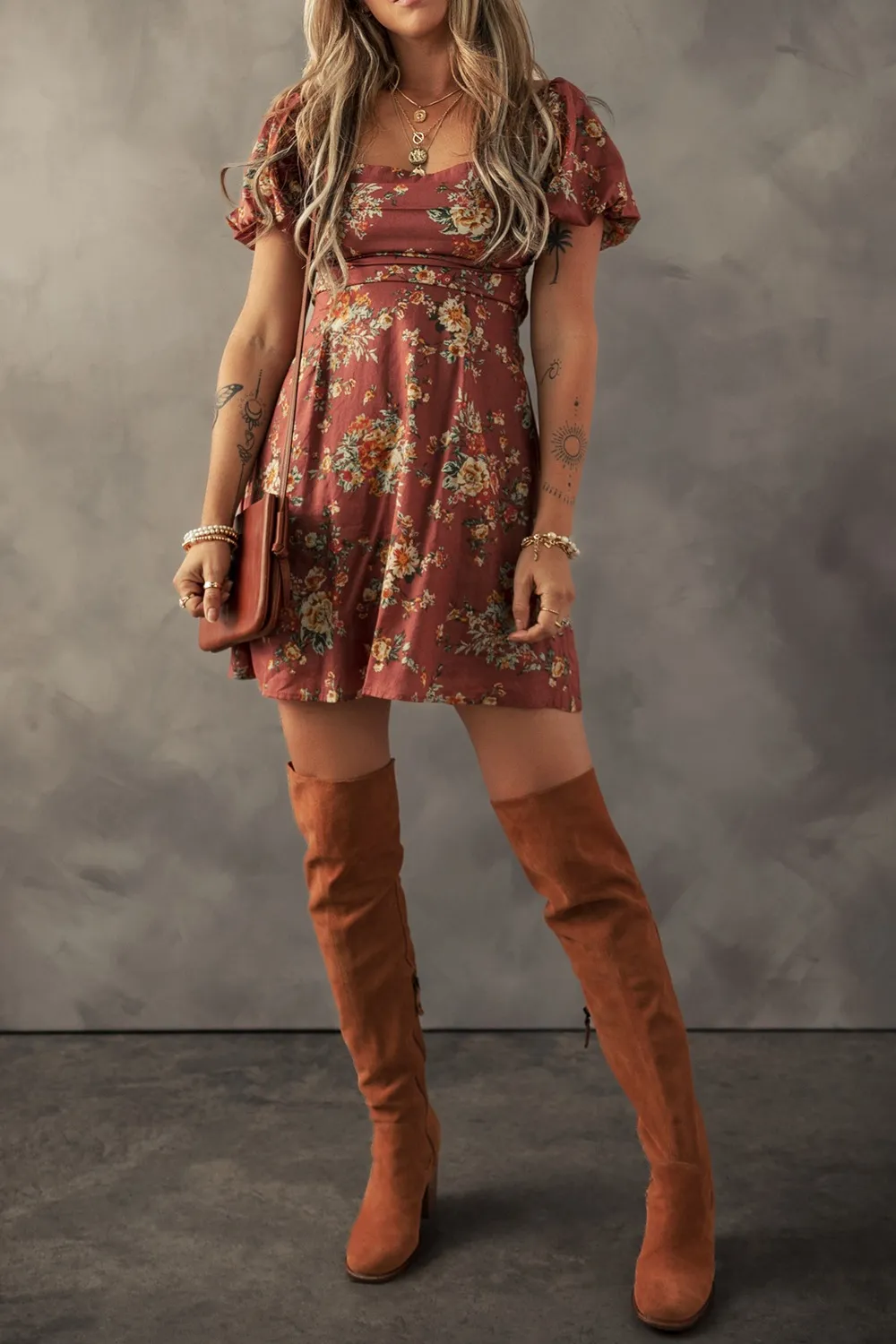 Floral Puff Sleeve Square Neck Knot Open Back Mini Dress - Image 7