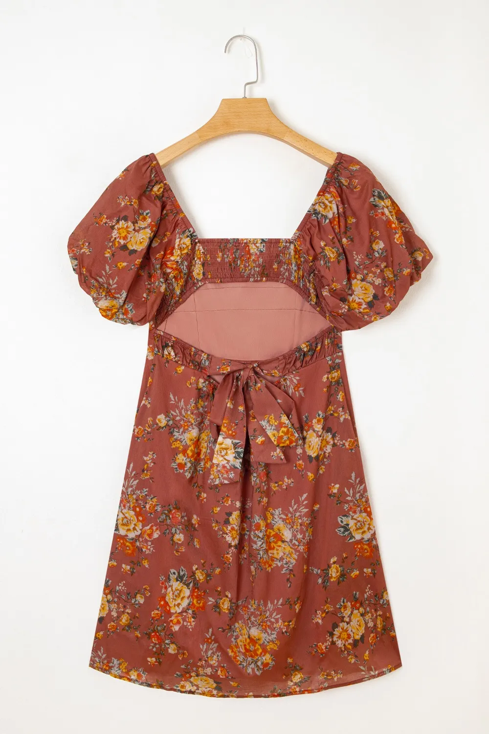 Floral Puff Sleeve Square Neck Knot Open Back Mini Dress - Image 9