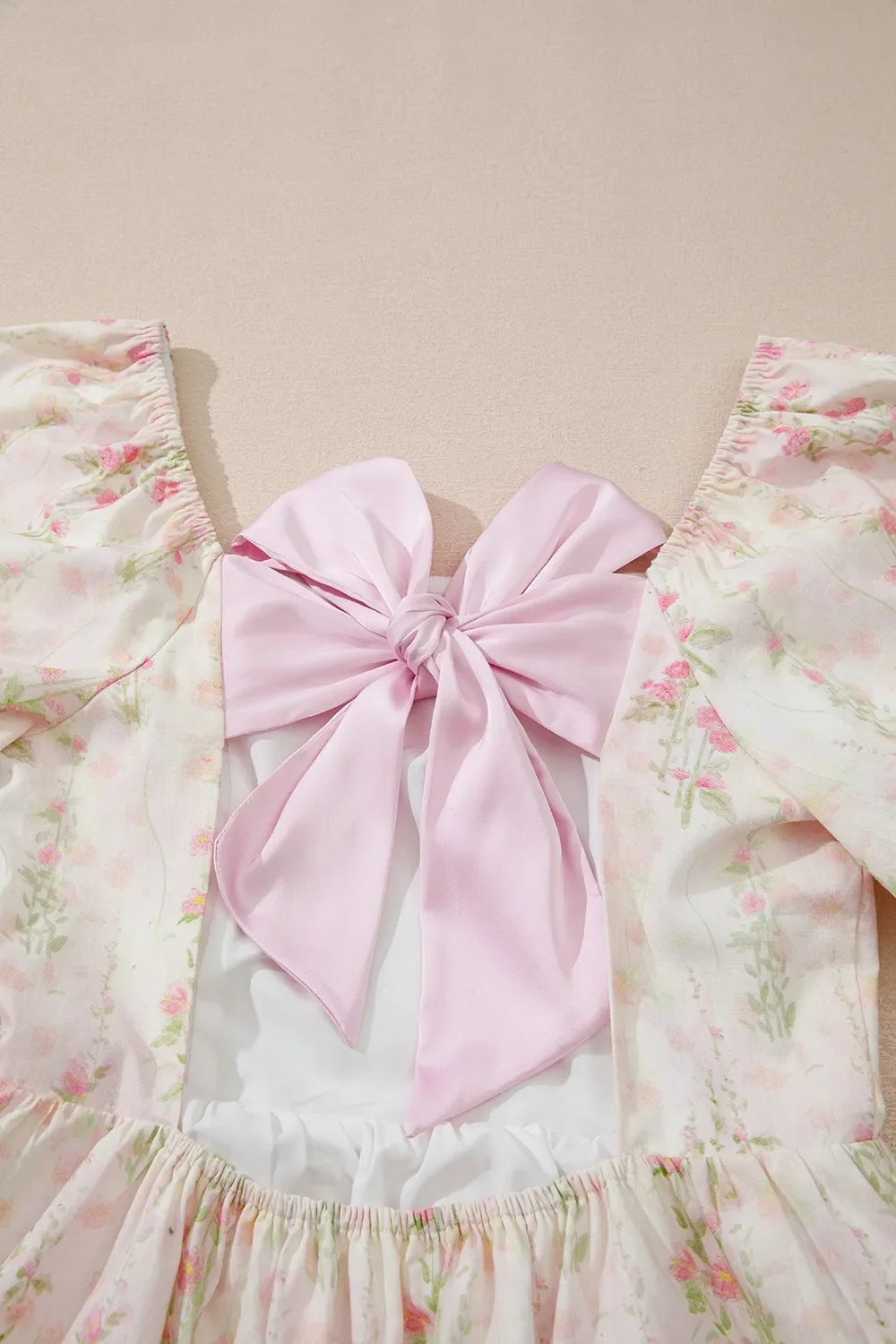 Floral Puff Sleeve Square Neck Knotted Open Back Ruffled Mini Dress - Image 8