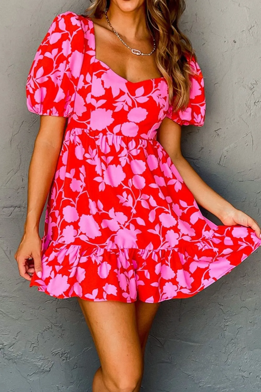 Floral Puff Sleeve Sweetheart Neck Ruffled Mini Dress - Image 2
