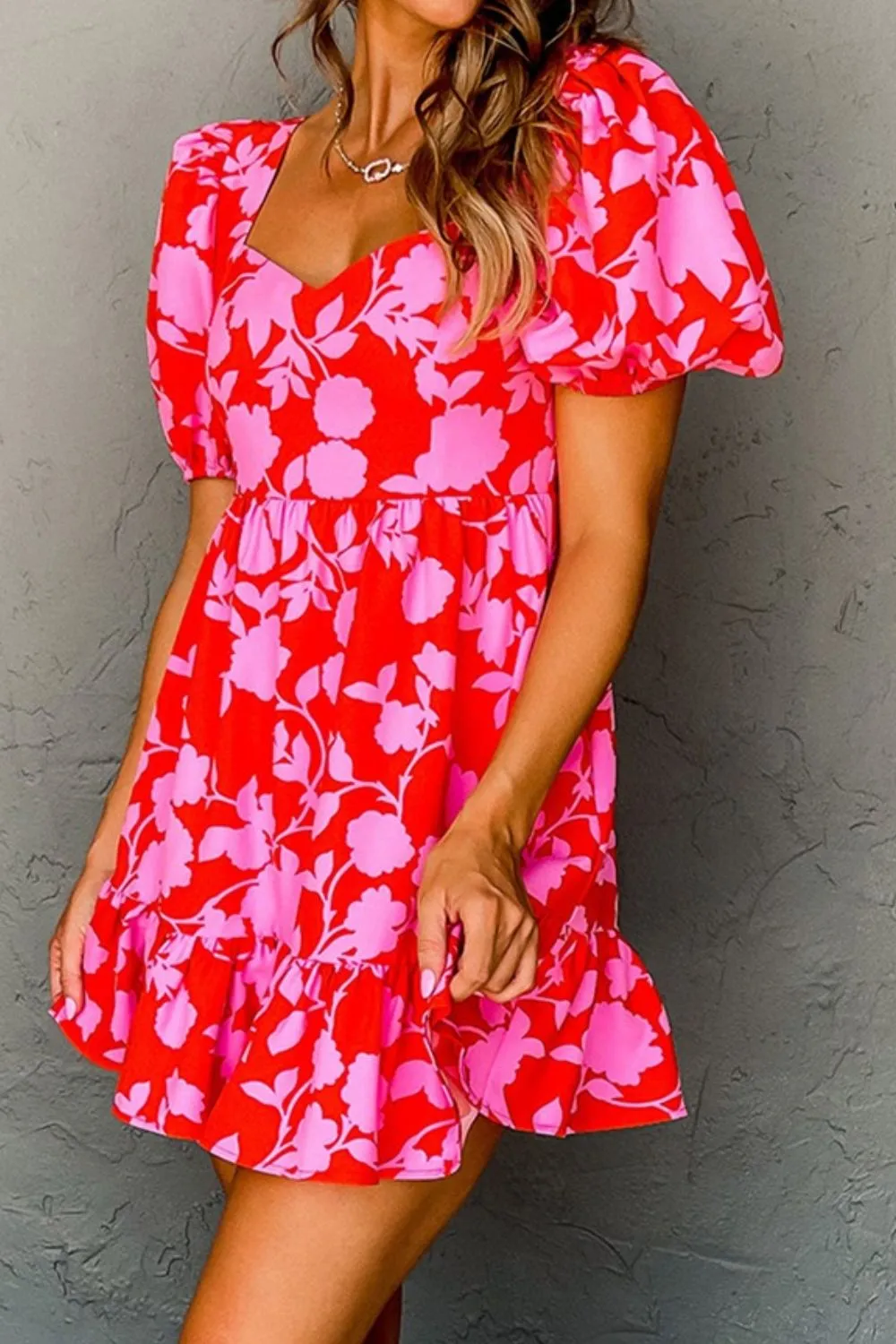 Floral Puff Sleeve Sweetheart Neck Ruffled Mini Dress - Image 4