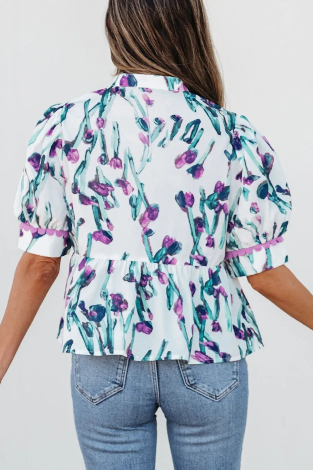 Floral Ricrac Trim Half Sleeve Peplum Top - Image 2