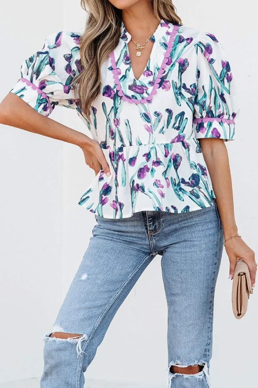 Floral Ricrac Trim Half Sleeve Peplum Top - Image 3