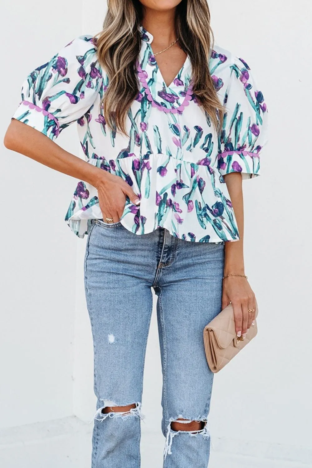 Floral Ricrac Trim Half Sleeve Peplum Top - Image 4