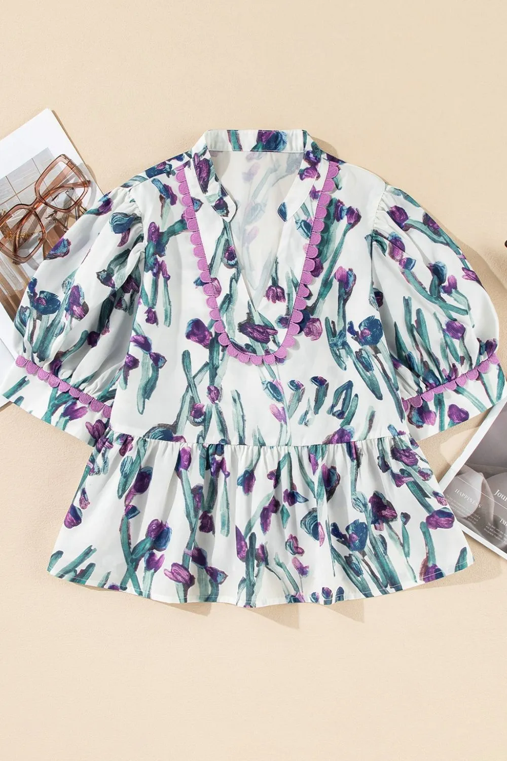 Floral Ricrac Trim Half Sleeve Peplum Top - Image 5
