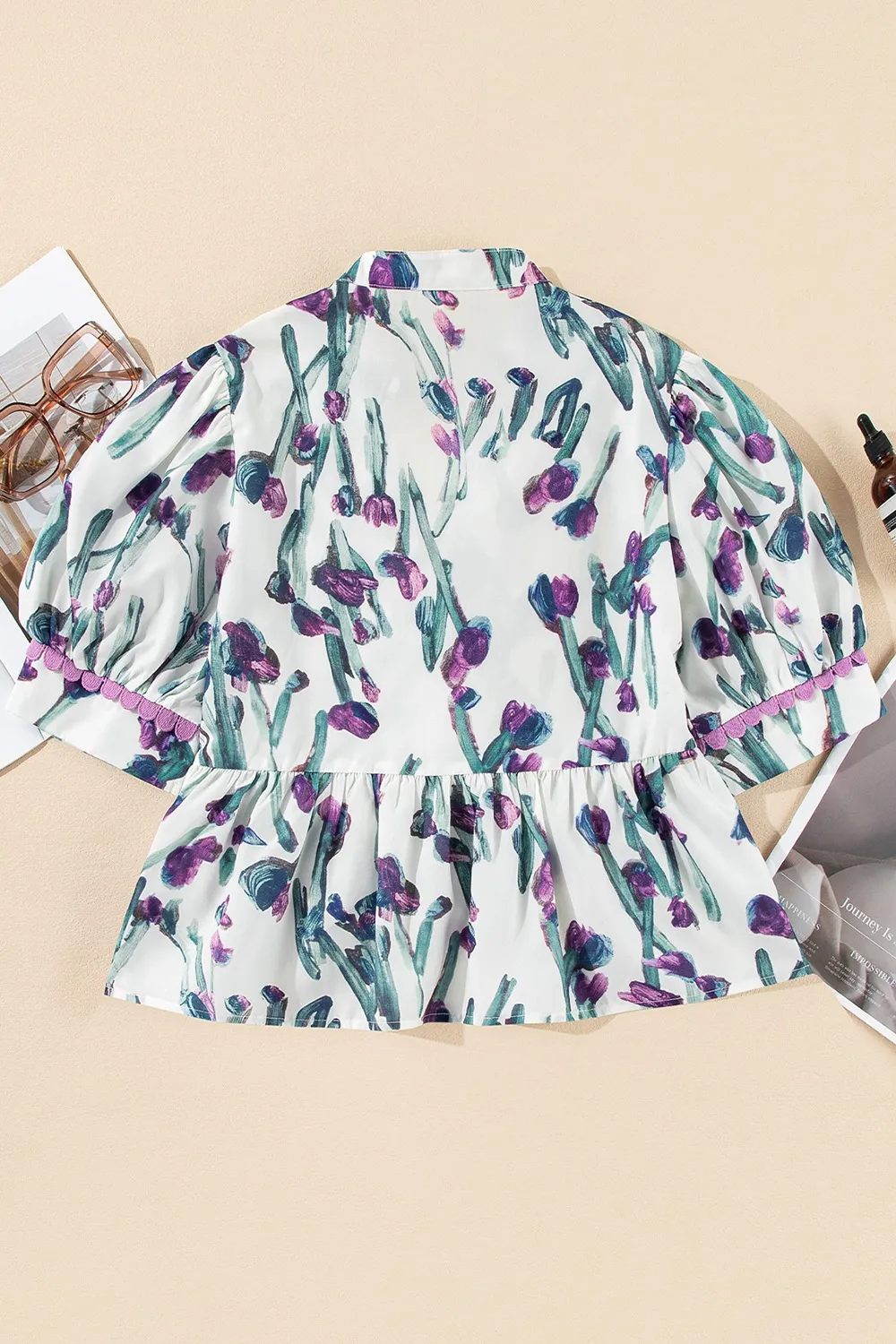 Floral Ricrac Trim Half Sleeve Peplum Top - Image 6