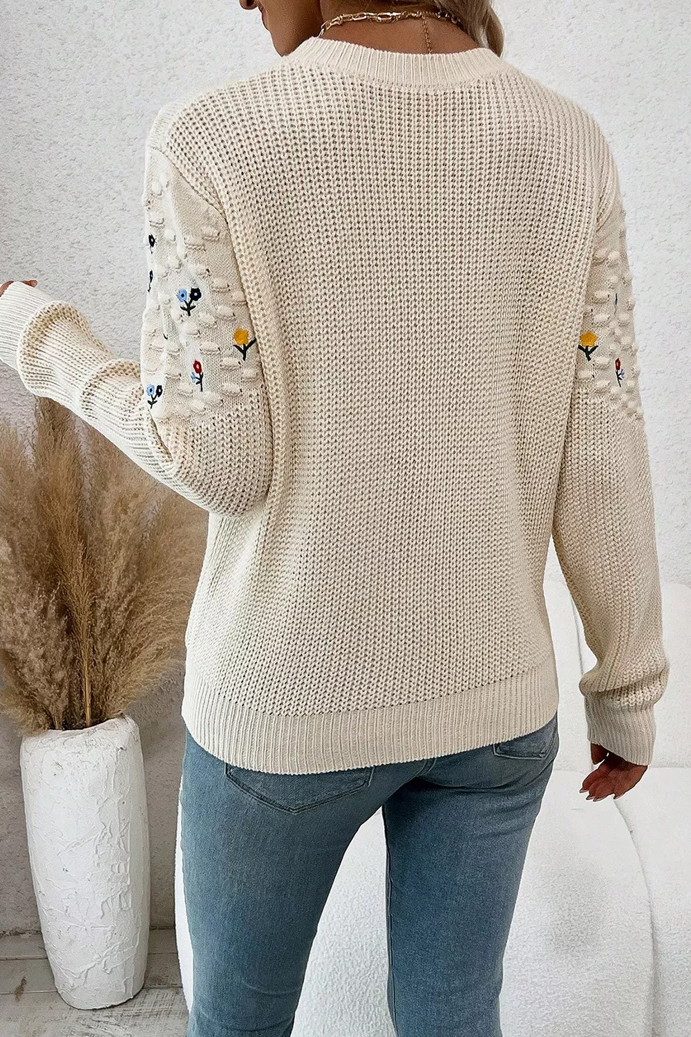 Floral Round Neck Dropped Shoulder Sweater - Image 2