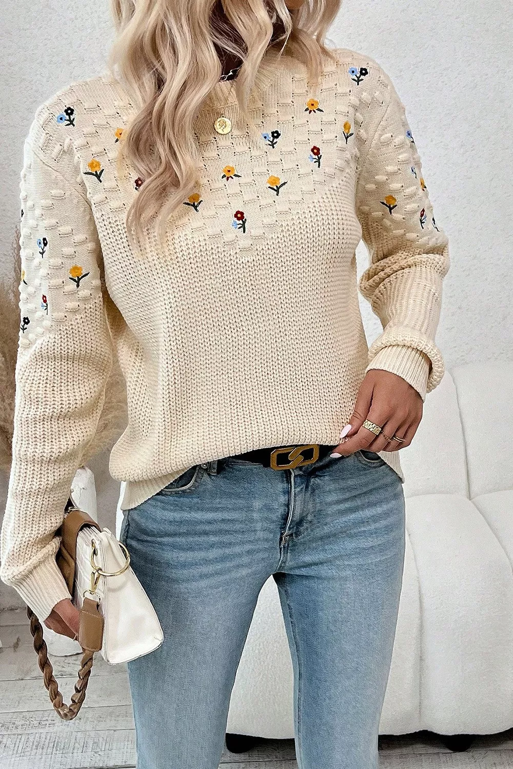 Floral Round Neck Dropped Shoulder Sweater - Image 5