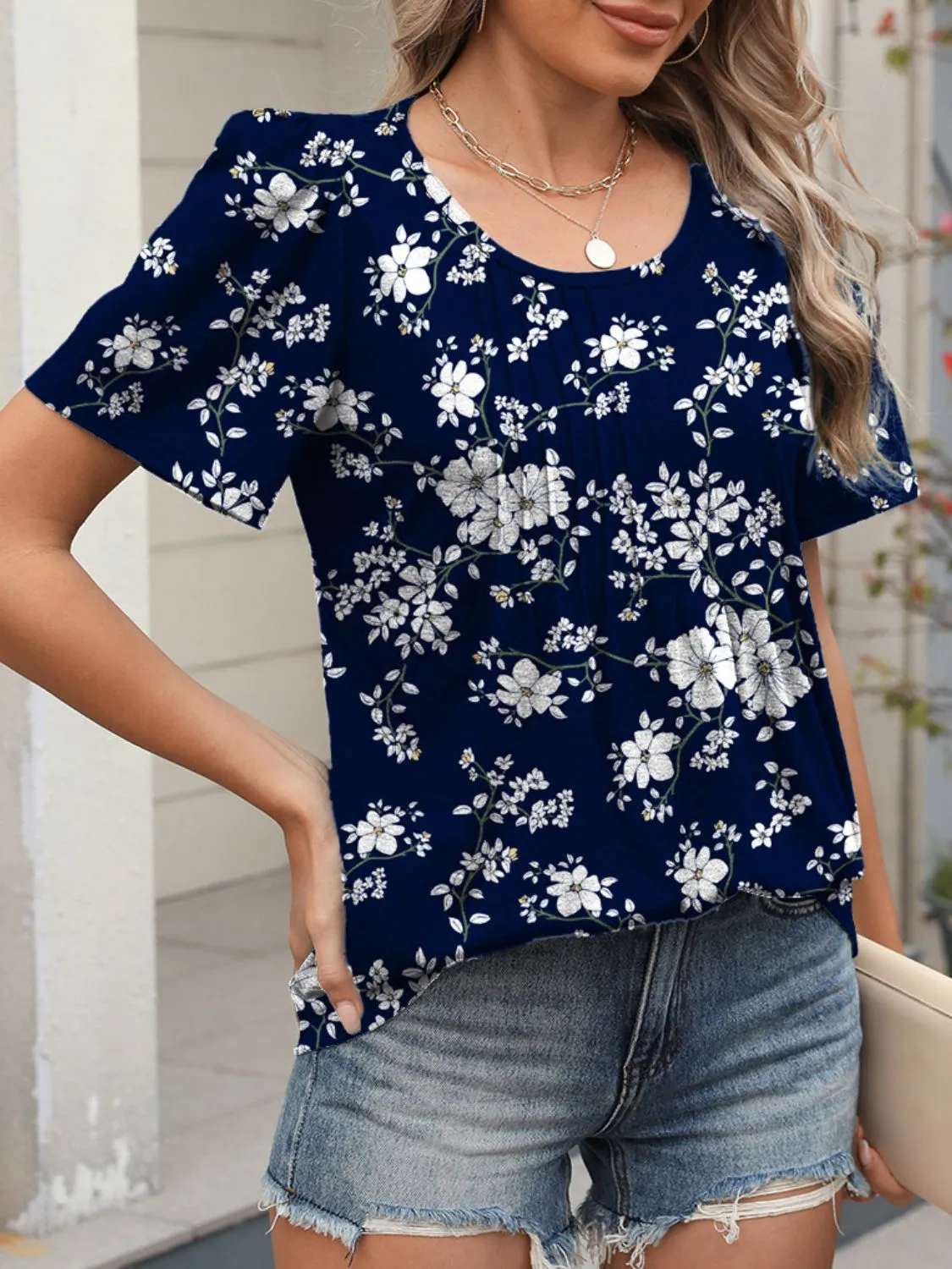 Floral Round Neck Short Sleeve Top - Image 14