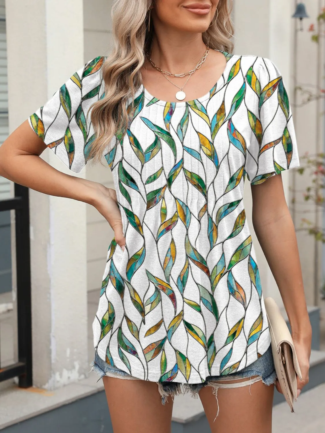 Floral Round Neck Short Sleeve Top - Image 20