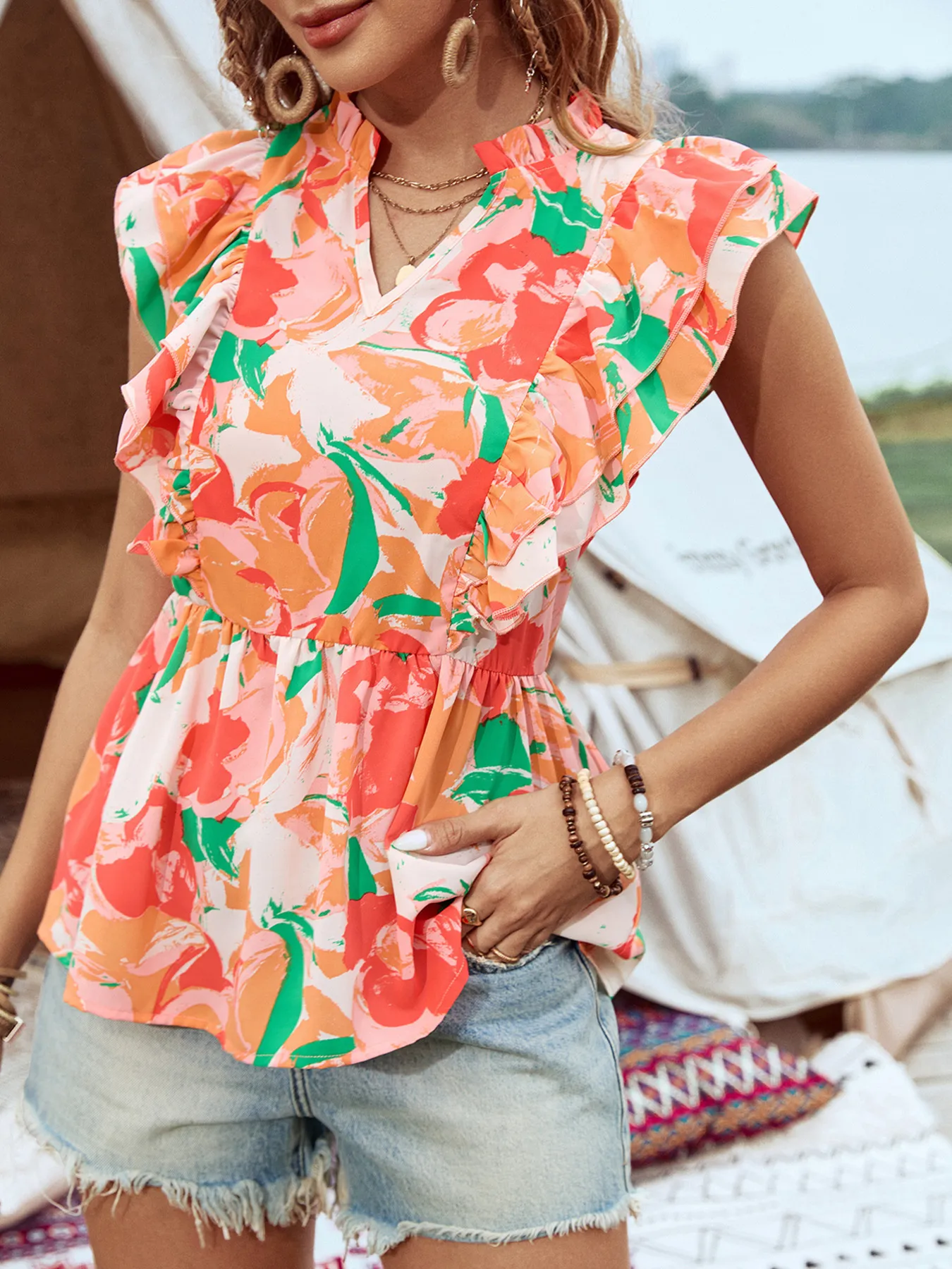 Floral Ruffle Cap Sleeve Blouse - Image 5