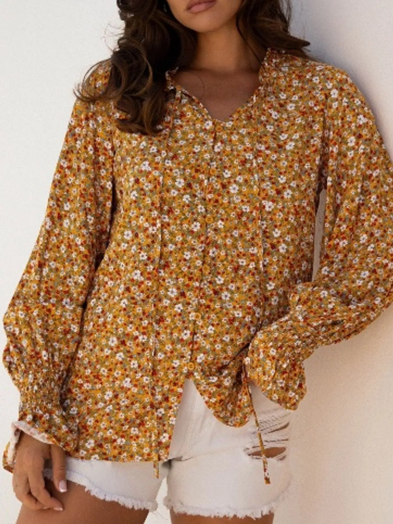 Floral Ruffled Bubble Sleeve Tie Neck Blouse - Image 4