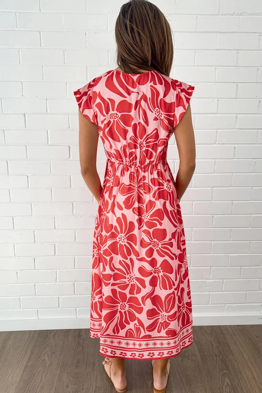 Floral Ruffled V-Neck Midi Dress with Button Front - Image 2