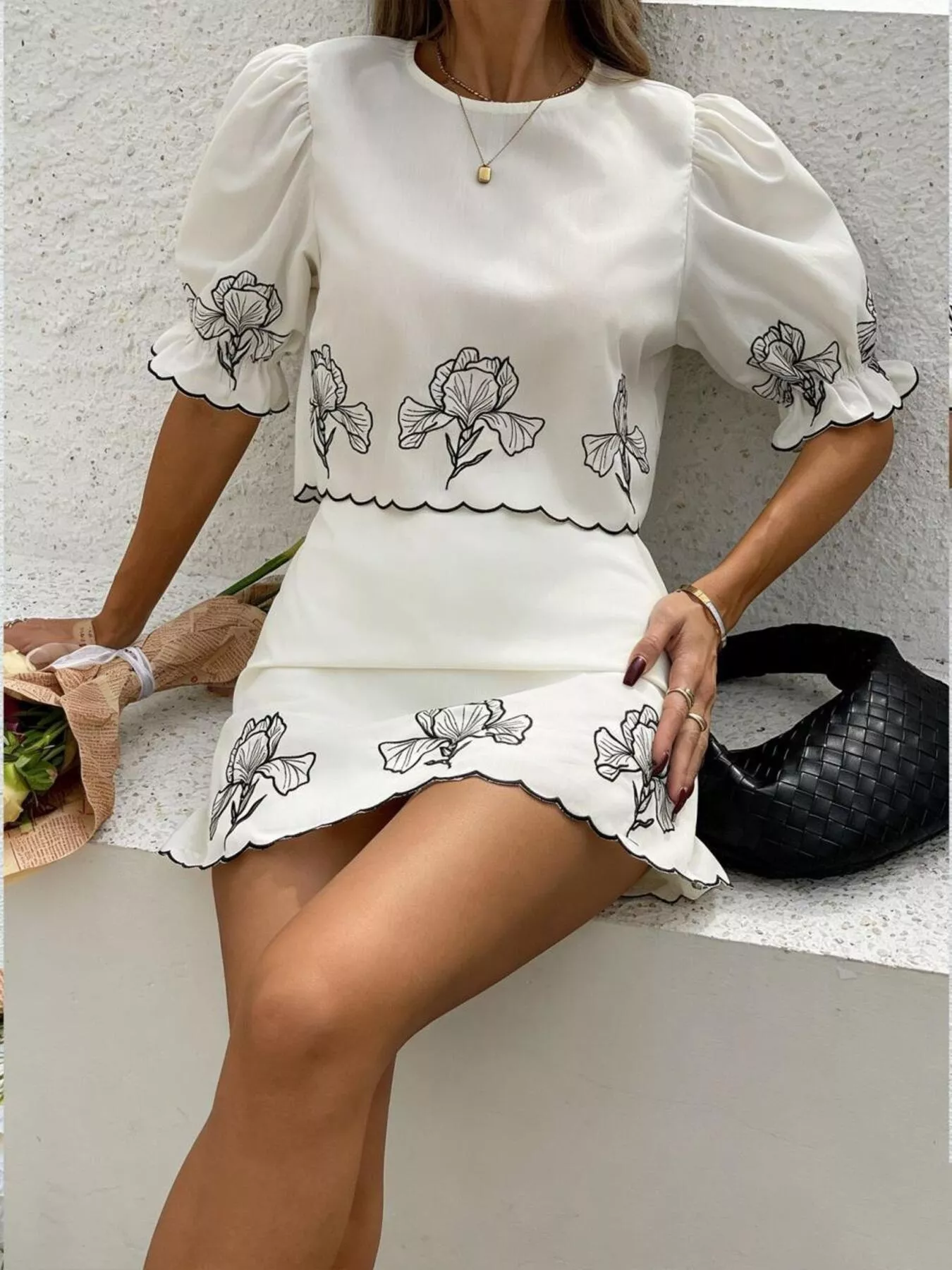 Floral Scallop Trim Top and Skirt Two-Piece Set - Image 2