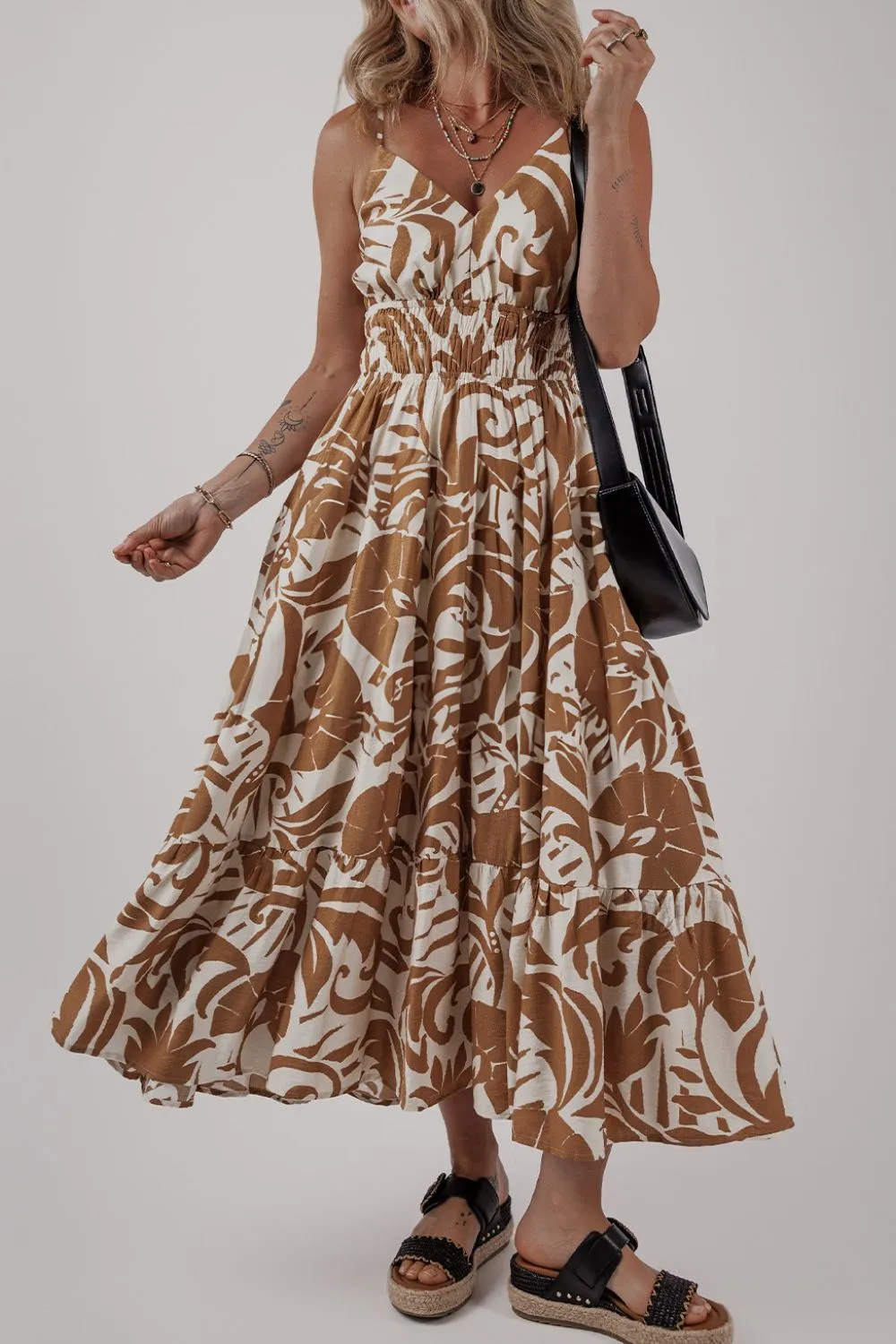 Floral Shirred High Waist Spaghetti Straps Dress