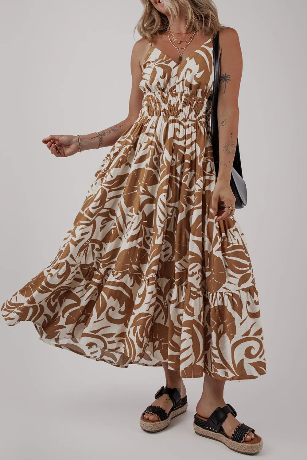Floral Shirred High Waist Spaghetti Straps Dress - Image 3