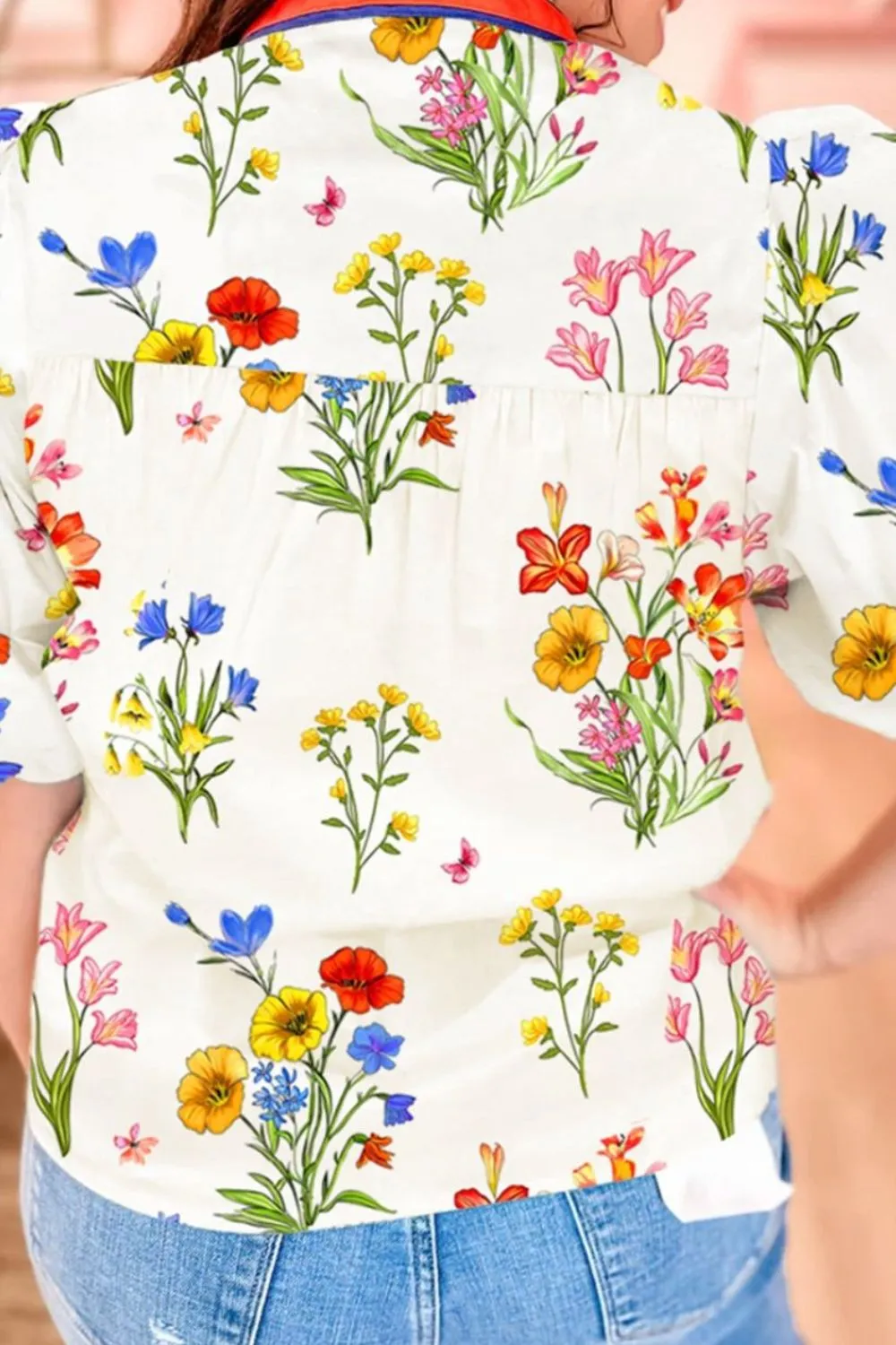 Floral Short Puff Sleeve Notched Blouse - Image 2