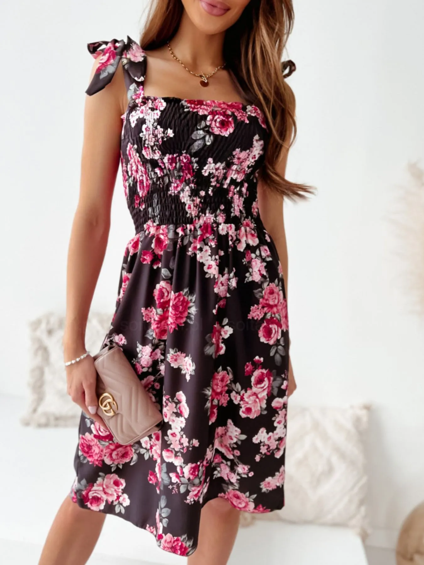 Floral Smocked Bodice Tie Shoulder Summer Dress - Image 2