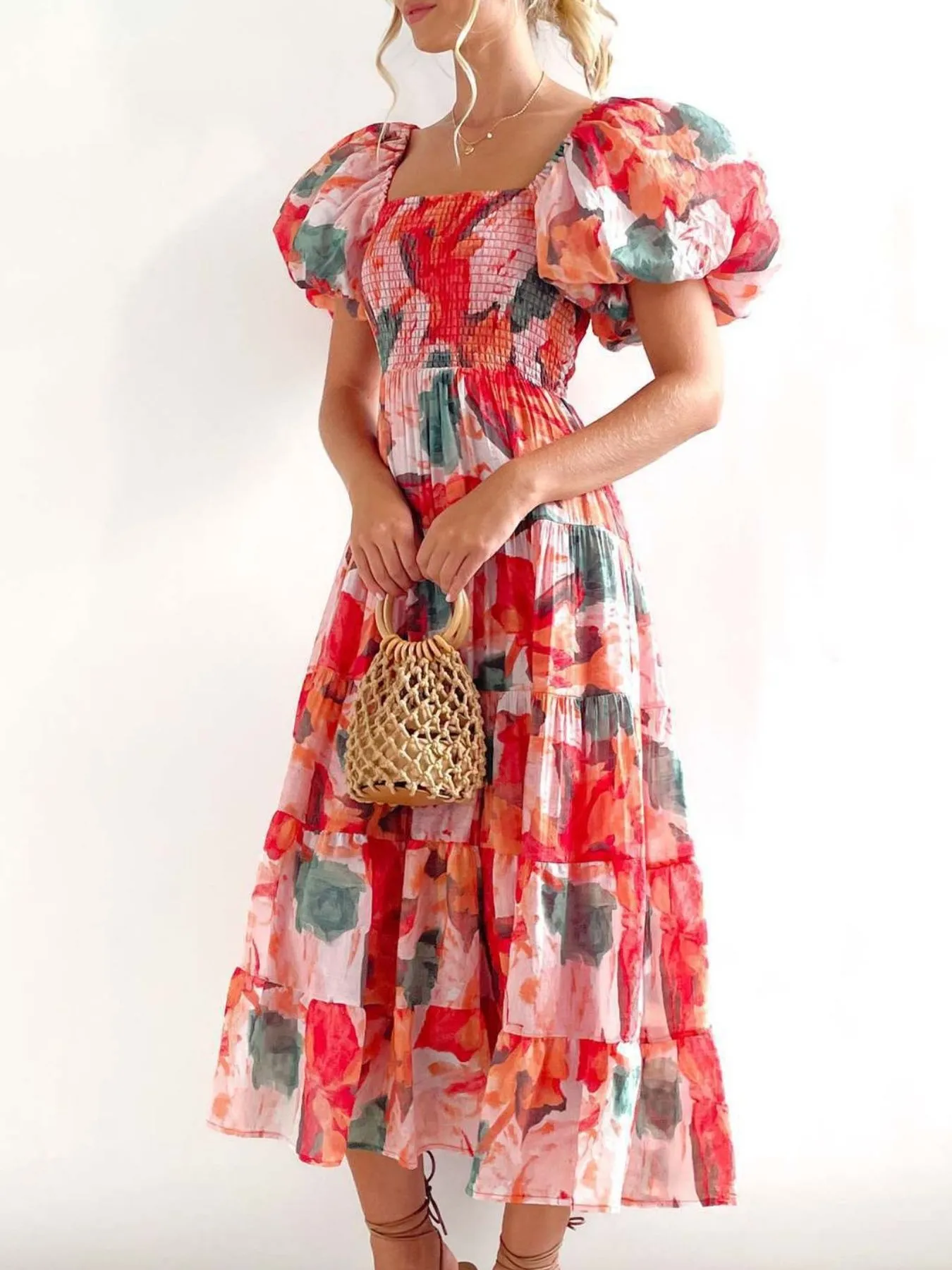 Floral Smocked Puff Sleeve Tiered Dress - Image 5