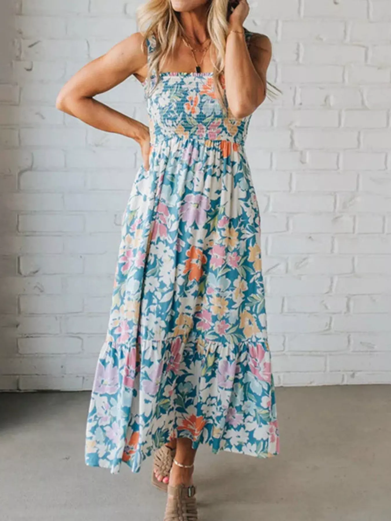 Floral Smocked Square Neck Midi Dress