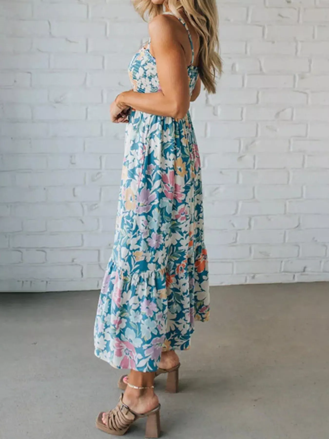 Floral Smocked Square Neck Midi Dress - Image 3
