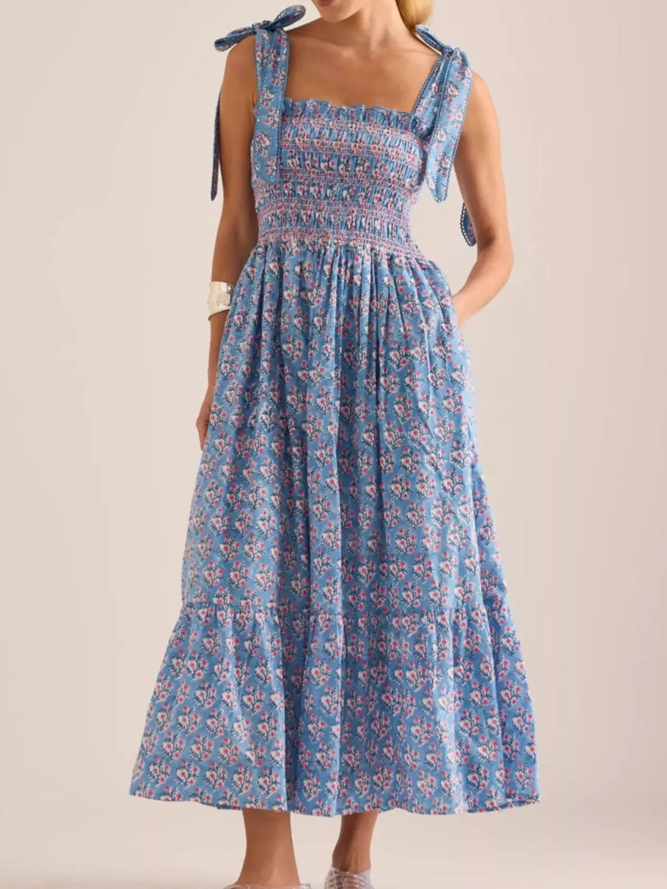 Floral Smocked Tie-Shoulder Midi Dress - Image 2