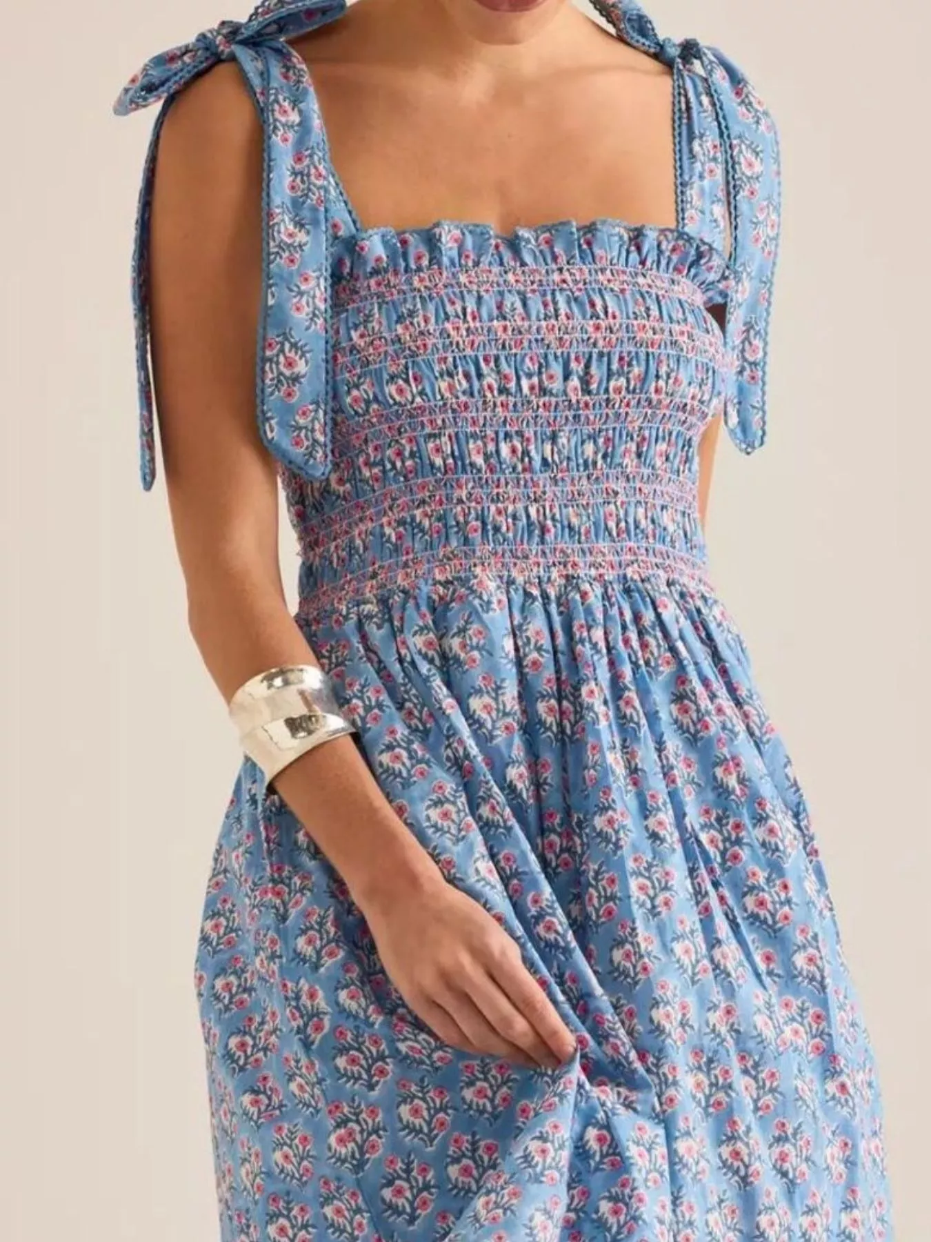 Floral Smocked Tie-Shoulder Midi Dress - Image 3