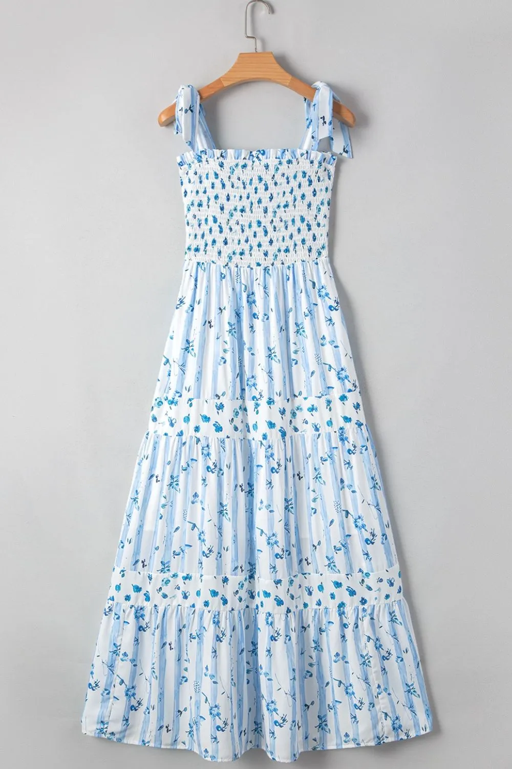 Floral Smocked Tied Straps A-Lined Tiered Dress - Image 4