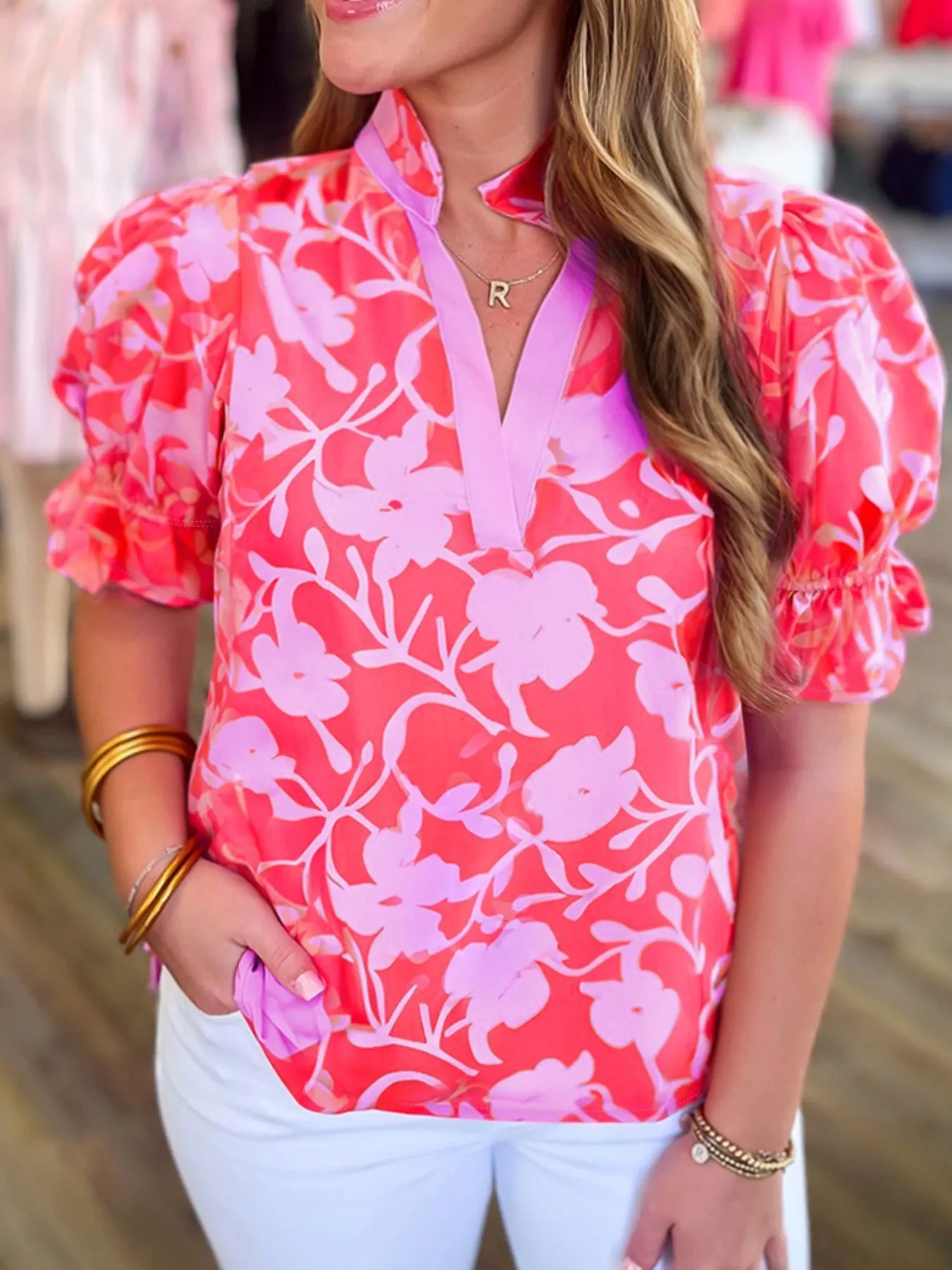 Floral Split V Neck Ruffled Short Sleeve Blouse Top - Image 2