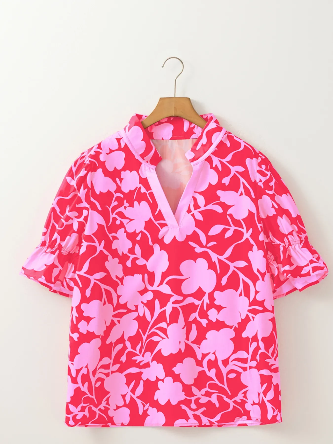 Floral Split V Neck Ruffled Short Sleeve Blouse Top - Image 3