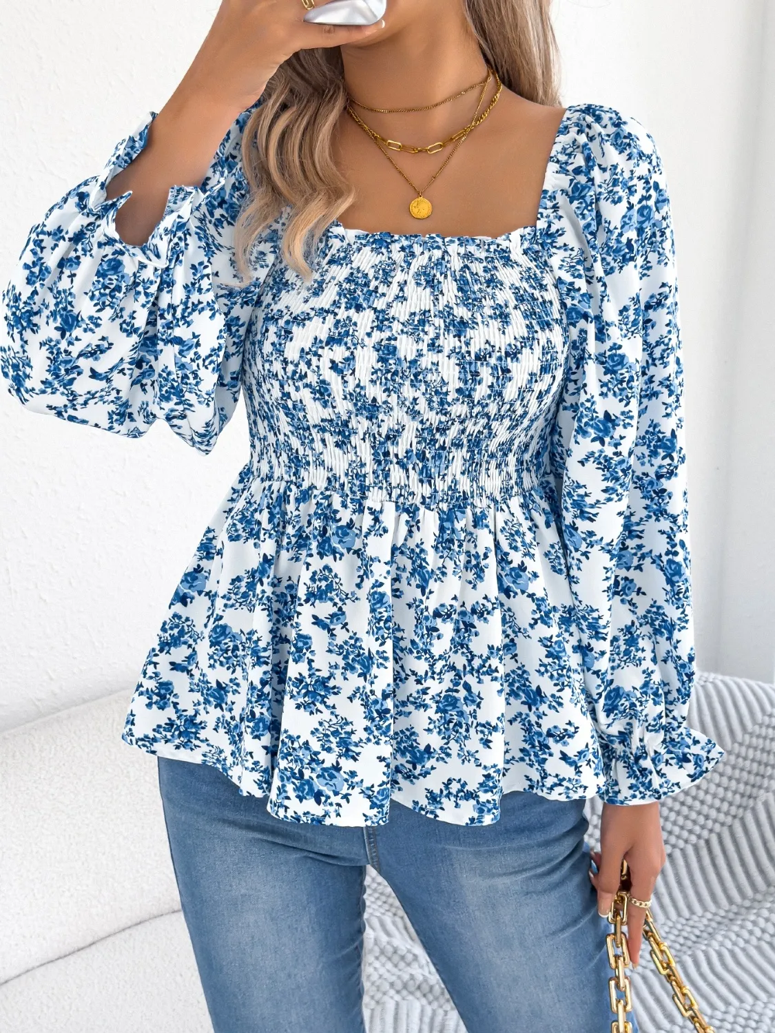 Floral Square Neck Flounce Sleeve Blouse - Image 6