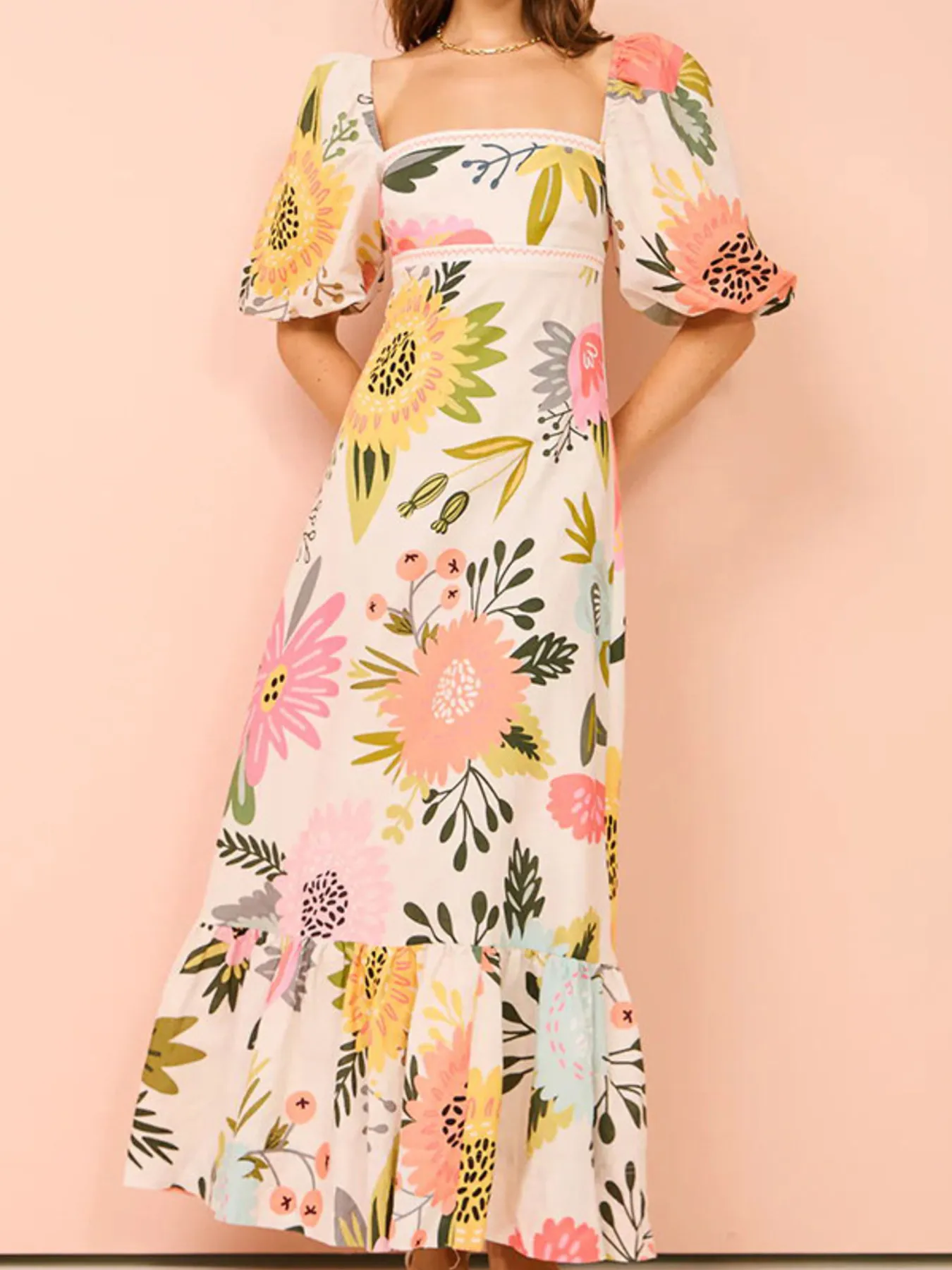 Floral Square Neck Puff Sleeve Maxi Dress with Ruffle Hem - Image 7