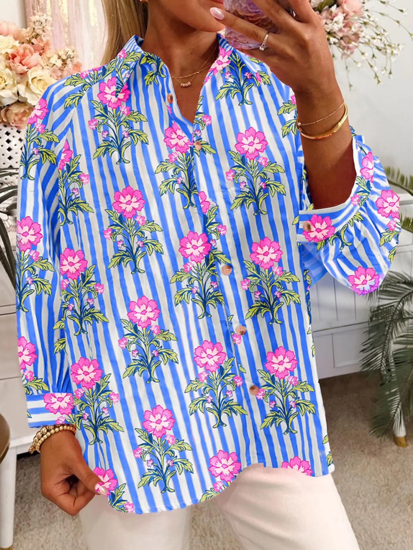 Floral Striped Button-Down Shirt