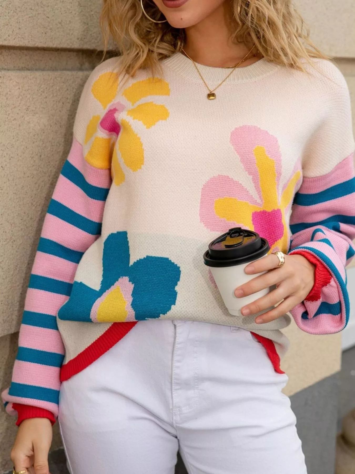 Floral Striped Crew Neck Sweater - Image 18