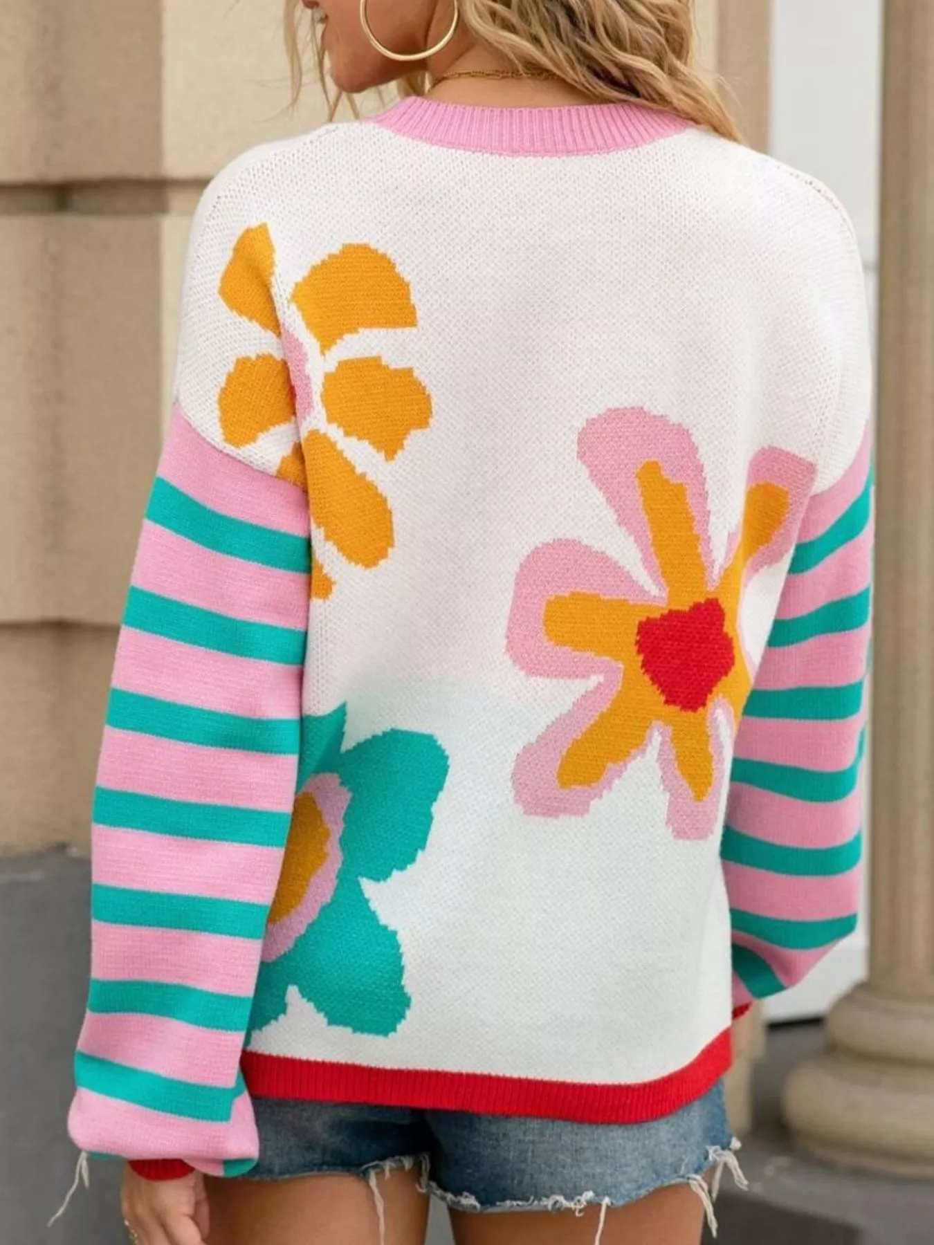 Floral Striped Crew Neck Sweater - Image 7
