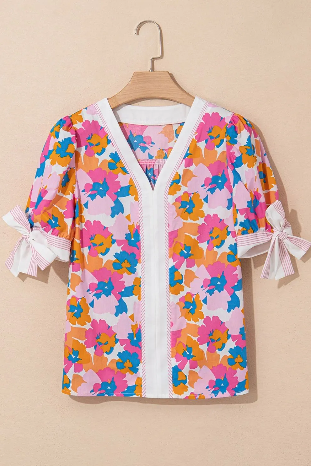 Floral Striped Edge V Neck Knotted Short Sleeve Blouse - Image 4