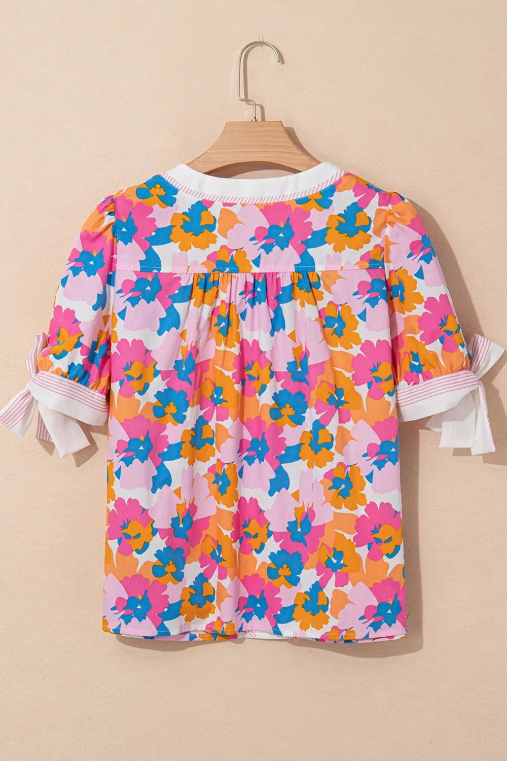 Floral Striped Edge V Neck Knotted Short Sleeve Blouse - Image 5