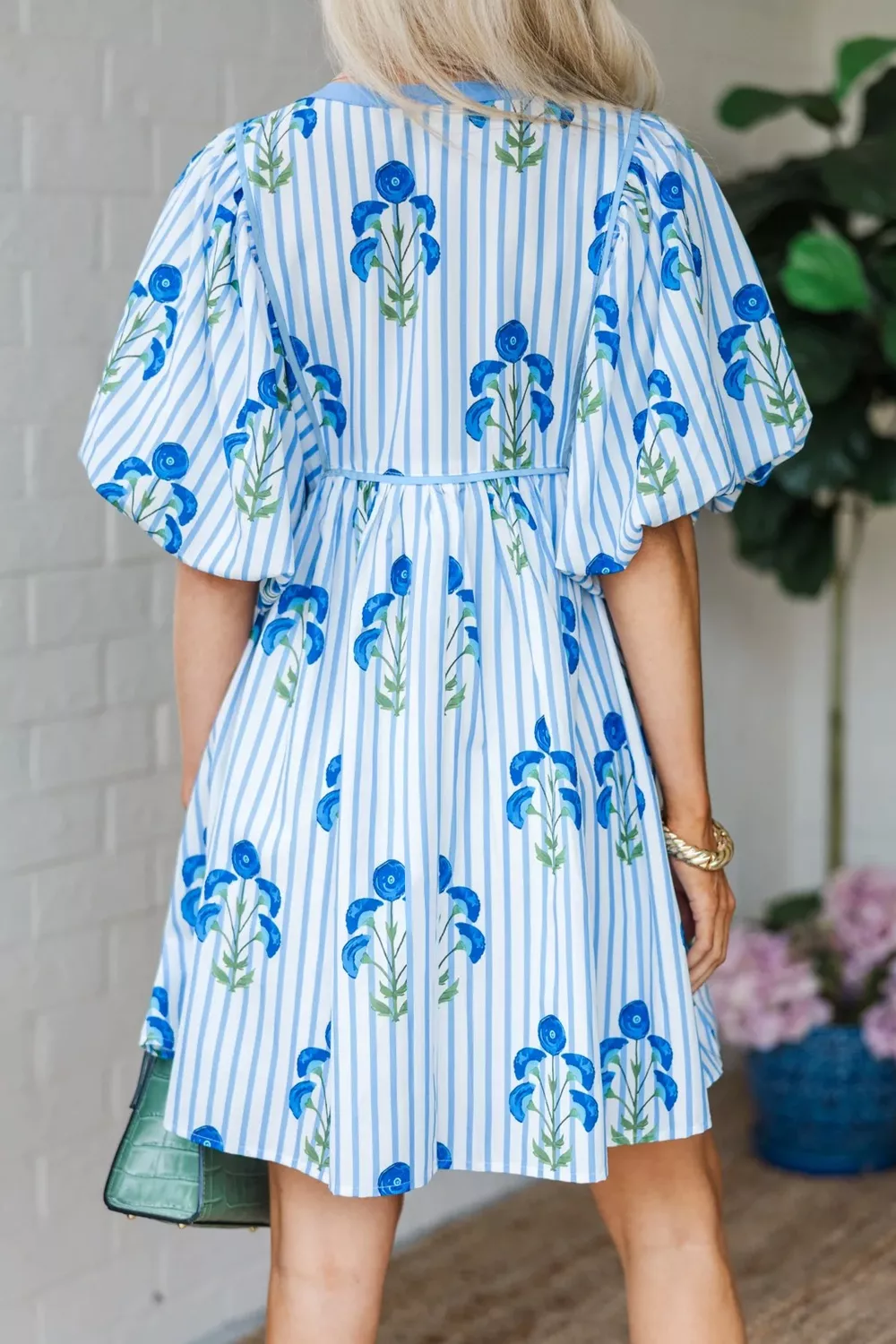 Floral Striped Print Tie Notched Neck Puff Sleeve Flared Mini Dress - Image 2