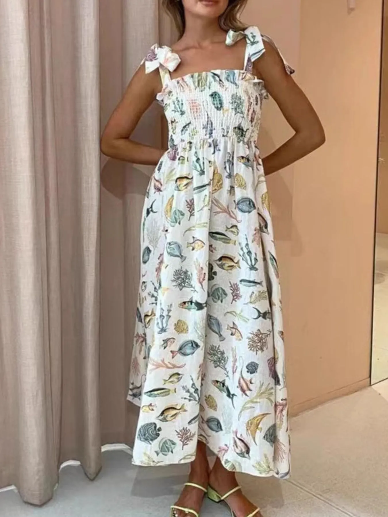 Floral Tie Shoulder Smocked Bodice Summer Dress - Image 5