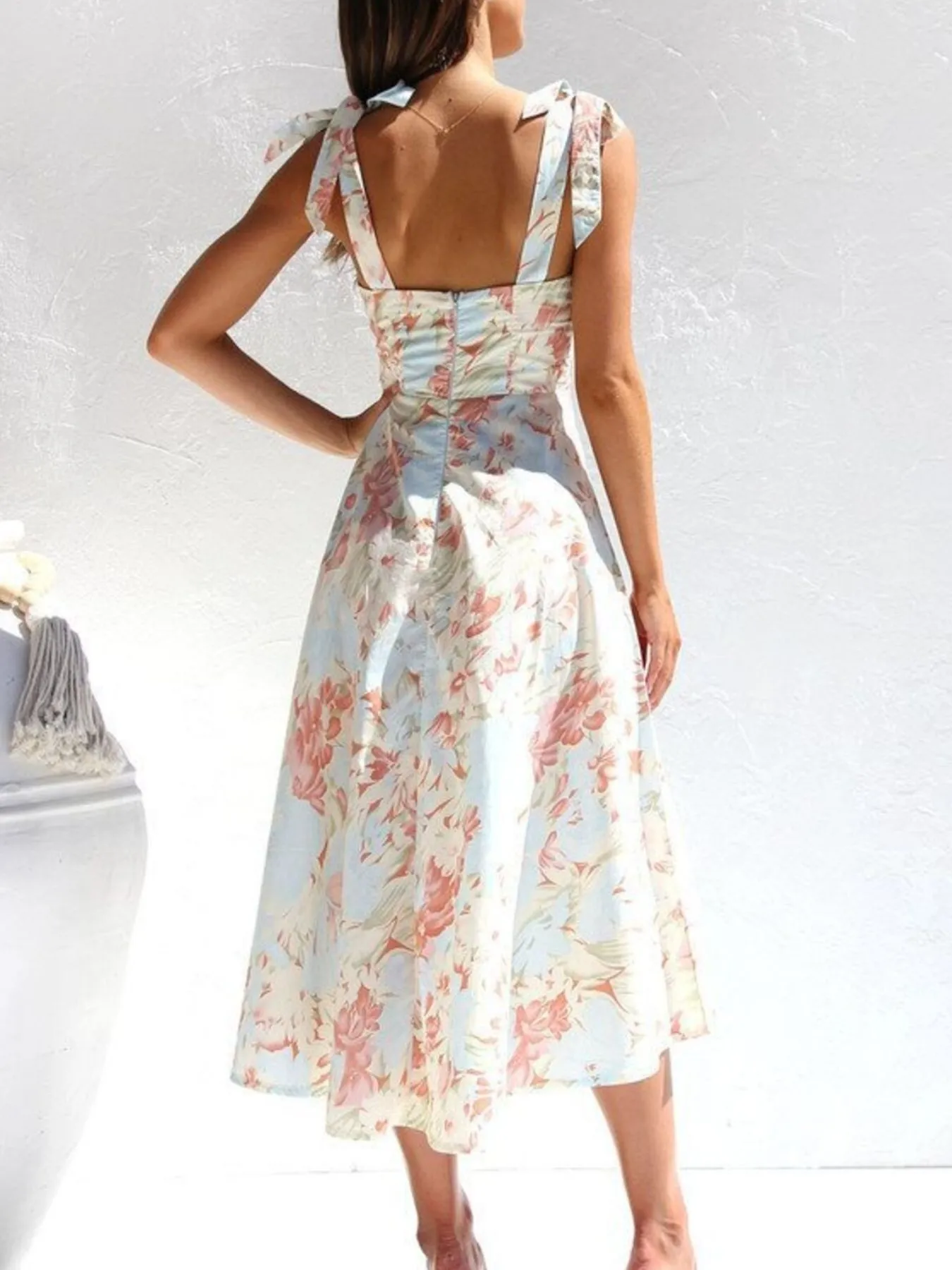 Floral Tie-Strap Sweetheart Neck Midi Dress - Image 7