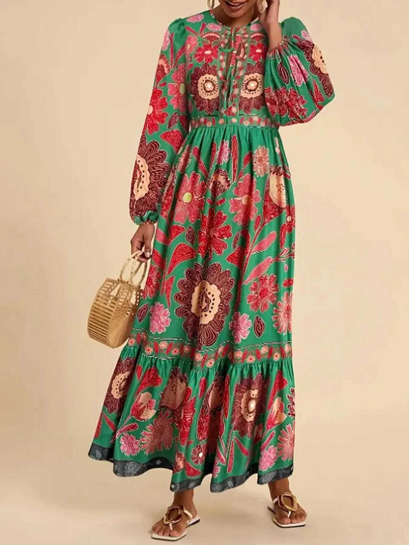 Floral Tie Waist Long Sleeve Dress - Image 24