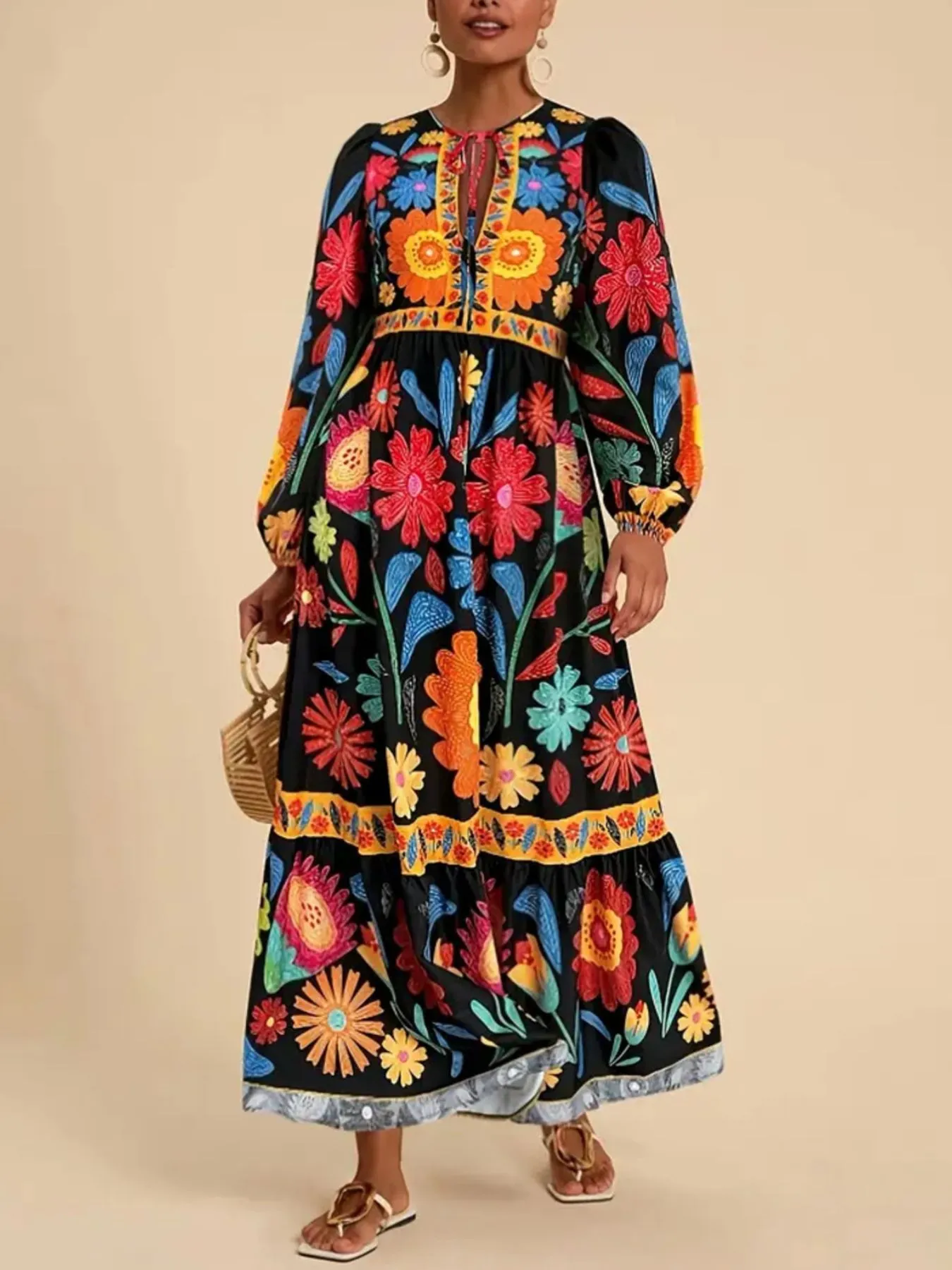 Floral Tie Waist Long Sleeve Dress - Image 8