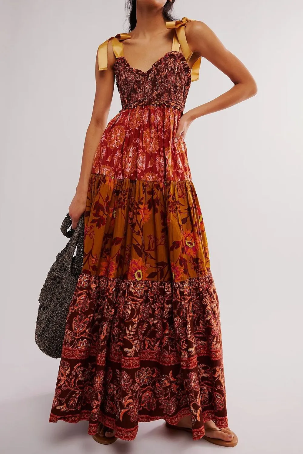 Floral Tiered Maxi Dress with Mixed Print Design - Image 13