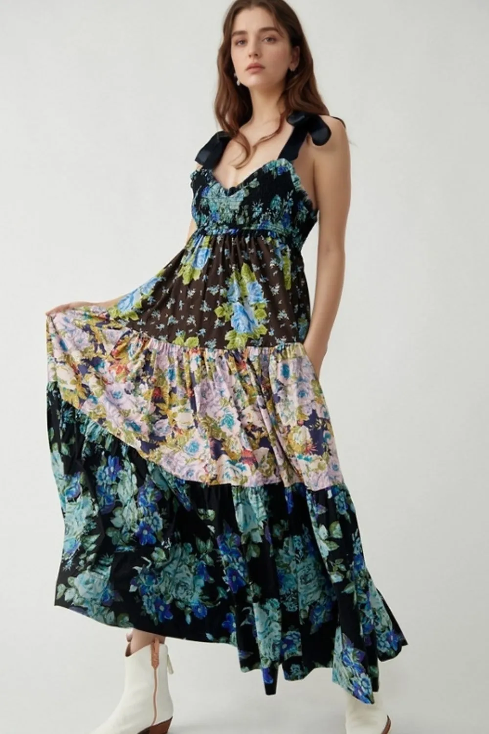 Floral Tiered Maxi Dress with Mixed Print Design - Image 23