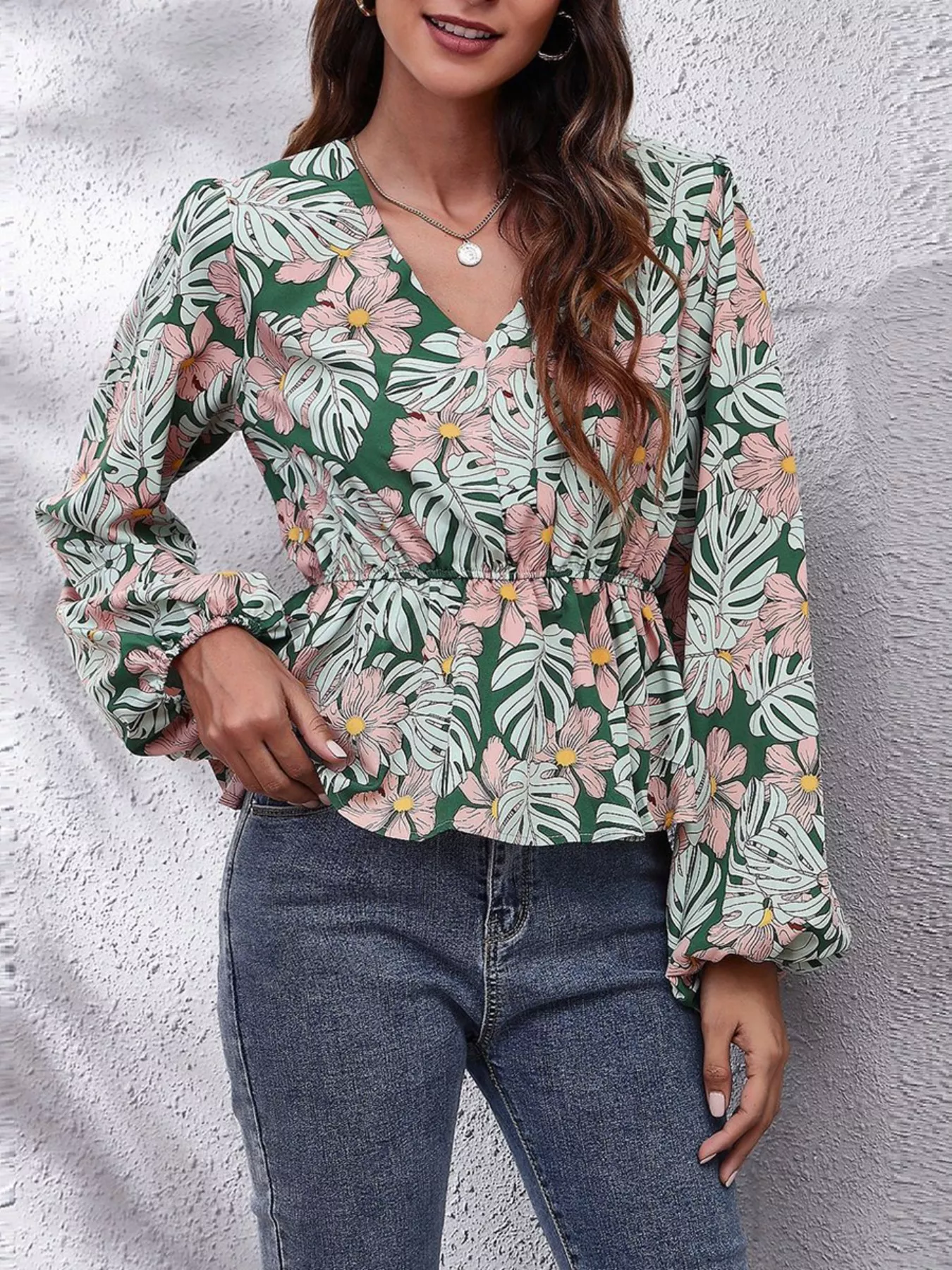 Floral V-Neck Balloon Sleeve Blouse - Image 11